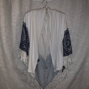 White and navy tasseled shawl